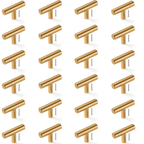 24 Pack Gold T Bar Cabinet Knobs And Drawer Pulls Set with Screws displayed in rows.