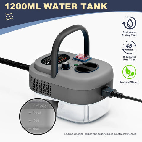 Powerful Portable Handheld Steam Cleaner With Six Adjustable Levels And 15 Second Rapid Heat Up Time To Tackle Stubborn Grease, Dirt, Grime, Tile, And Car Detailing Tasks Effortlessly Using Natural Hot Water Vapor For A Spotless Shine Without Harsh, showing 1200ml water tank with visible measurement markers.