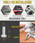 Tools for installation including hex key, screwdriver, socket wrench, thread gauge, and caliper with Heavy Duty M3 Button Head Socket Cap Screws.