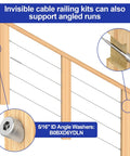 Top Shelf 20 Pack 1/8 Inch Invisible Cable Railing Kit Crafted From T316 Stainless Steel with wooden posts supporting angled runs.
