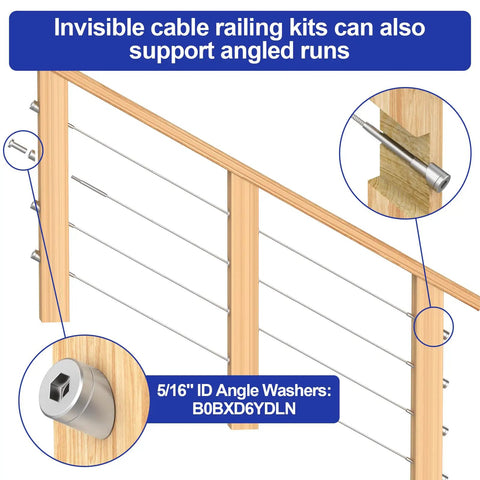 Top Shelf 20 Pack 1/8 Inch Invisible Cable Railing Kit Crafted From T316 Stainless Steel with wooden posts supporting angled runs.