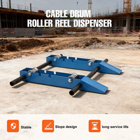 Heavy Duty Cable Drum Roller Reel Dispenser Rolls Out 30 To 120 Cm Wire Spools With A Bulletproof Steel Frame and casters on construction site.