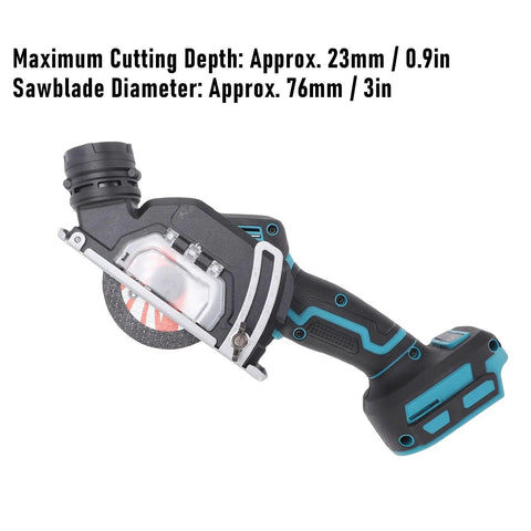Rugged Mini Cordless Circular Saw Engineered For Badass Cuts On Wood Metal Plastic Or Stone With 19000 Rpm Power And 3 Inch Blades Built For Garage Jobs Or Weekend Diy Hustle Now close-up showing 3 inch blade and specs.
