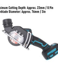 Badass Cordless Mini Circular Saw With Brushless Motor And Slick Rubberized Body For No Sweat Wood Metal Plastic Stone Cutting At 19000 Rpm Up To, showcasing cutting depth and sawblade diameter.