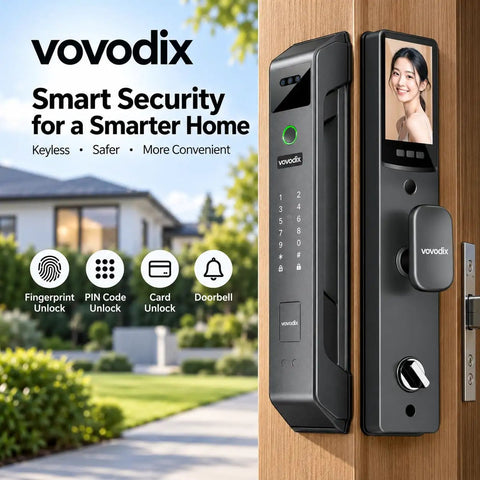 Heavy Duty Smart Lock With Slick Face And Fingerprint Scanner Keypad Deadbolt on front door with user interface details.