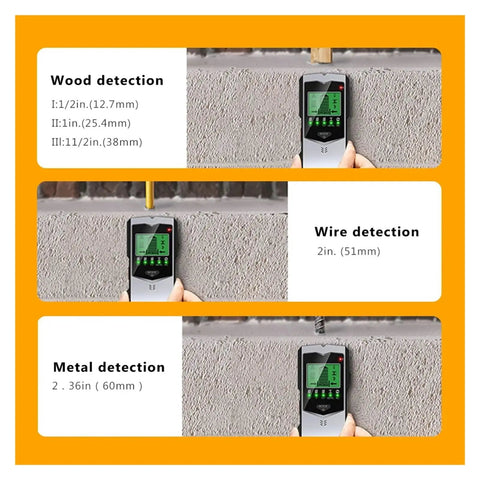 Badass 5 In 1 Wall Scanner Stud Finder Metal Detector AC Wire Tracer Cable Locator Depth Gauge detecting wood, wire, and metal depths.