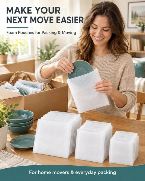 Tough As Nails Foam Pouches That Crush The Bumps During Shipping With Solid Cushion Wrap Sleeves For Fragile Gear In 60 Pack Multi Size on a table.