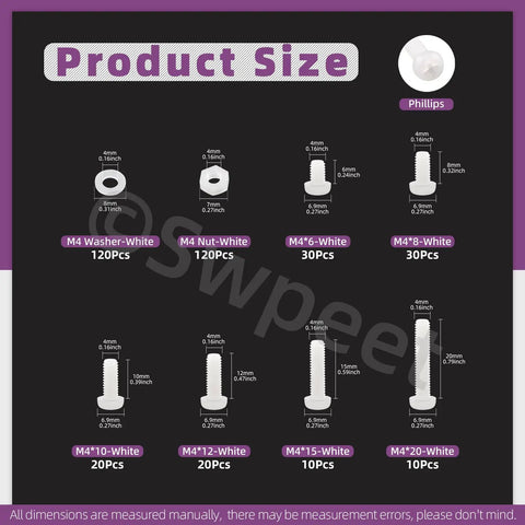 Product size chart for Real Deal Heavy Duty M4 Nylon Pan Head Screws With Hex Nuts And Flat Gasket Washers Assortment Kit 360 Piece.