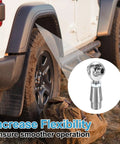 Built Tough One Half Inch Rod End Kit With Two Pairs Of Chrome Steel Joints left view with tire and bag background.