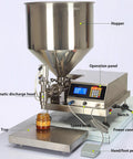 Rock Solid Automatic Liquid Filler Machine With Dripless Stainless Steel Nozzles Smart Touchscreen Control For Honey Oyster Sauce Jam And Butter Packaging showing hopper, operation panel, and pneumatic discharge head.