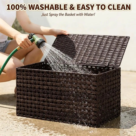 Massive Wicker Storage Basket With Lid, 104 Liter Rattan Blanket Box being washed with water.