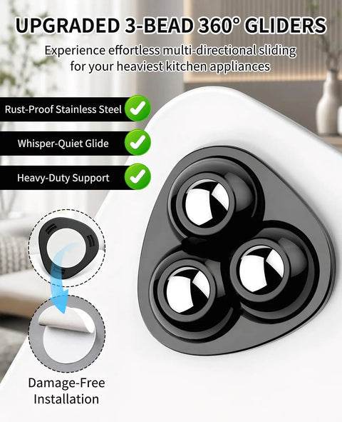 Twenty Four Pack Self Adhesive Appliance Sliders With Tool Free Install And Slick Full Rotating Rollers For No Sweat Moving Of Heavy Kitchen Countertops Or Coffee Makers Black 3-bead gliders with stainless steel construction.