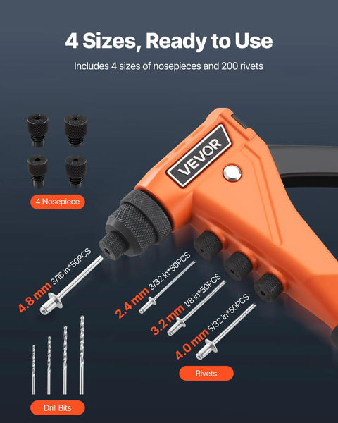 Heavy Duty Single Hand Pop Rivet Gun Kit Rigged Out With Two Hundred Blind Rivets Four Swappable Tips And Drill Bits, showcasing 4 nosepieces and rivets.