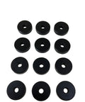 Sorbothane Vibration Isolation Washers 50 Durometer Black Rubber Bushings 12 pack arranged in rows with bore holes.