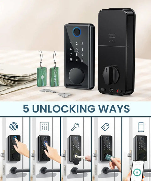 Keyless Entry Smart Deadbolt Lock Featuring Fingerprint Touchscreen And Smartphone App Control For Quick Home Or Office Security No Sweat Install Super Solid Build Quality with biometric and keypad access.