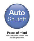 Close-up of blue "Auto Shutoff" button from the 1.7 Liter Temperature Control Electric Kettle with 6 Presets, BPA Free.