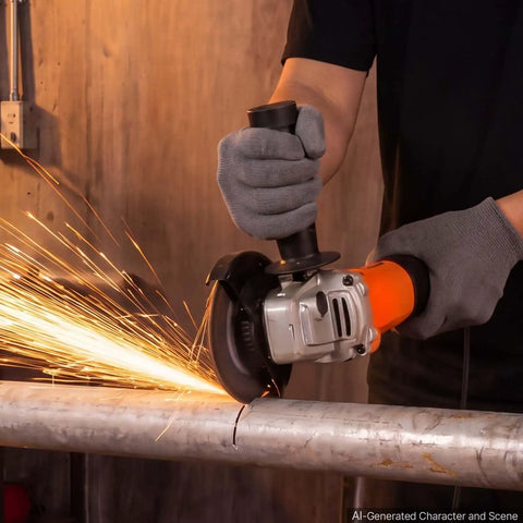 Badass Hustle Ready 4.5 Inch Angle Grinder 1400W High Amp Electric Motor in action cutting metal with sparks.