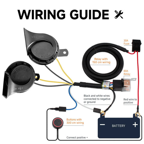 Wiring guide for Rock Solid Premium 12V Air Horn Kit For Trucks with labeled components and connections.