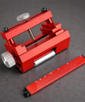 Shop Ready Fixed Angle Sharpening Jig With Built Tough Rigid Metal Frame And Knurled Tightening Knob For Precision Edge Honing On Professional Woodworking Hand Tools, red metal frame, adjustable clamp.