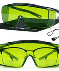 Heavy Duty Laser Safety Glasses Delivering Straight Up Optical Density Blocking For Blue Violet And Infrared Lasers Dual Band Industrial Eyewear on a cleaning cloth