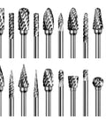 Front view of a 20-piece carbide burr bits set in silver metal for rotary tools