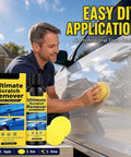 Man applying Hassle Free Auto Scratch Remover And Polish Kit on car door with sponge for shine and scratch improvement.