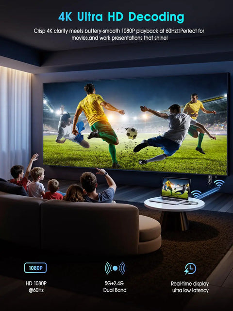 Long Range Wireless HDMI Transmitter And Receiver Kit 328ft Dual Band 5G And 2 4G in living room setup with large screen display