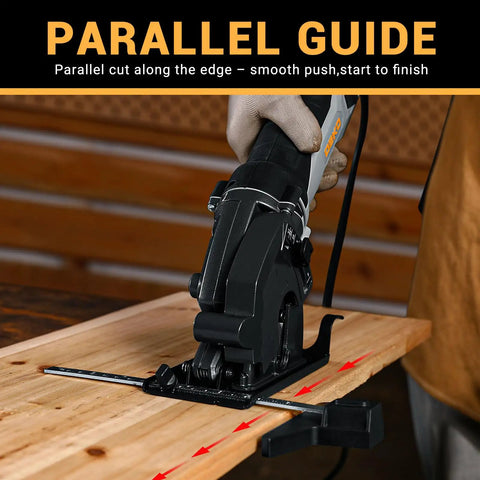 Compact Electric Mini Circular Saw With Adjustable Depth Dial And Three Heavy Duty Blades For Rip Through Wood Plastic And Soft Metal With No Sweat Precision, cutting wood with a parallel guide.