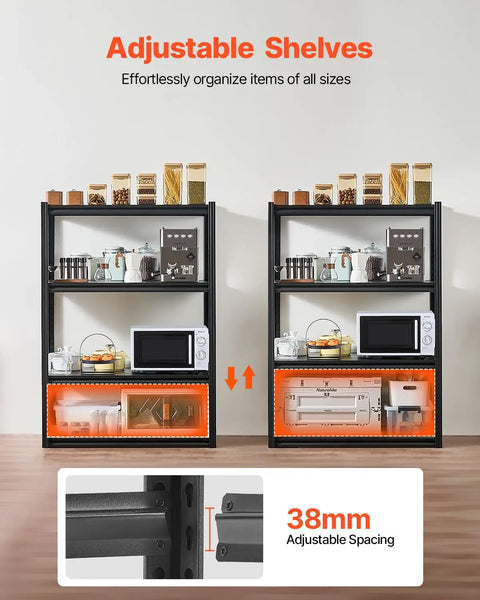 4 Tier Heavy Duty Storage Shelves With 2400 Lb Capacity Rock Solid Adjustable Metal Shelving Unit For Garage Warehouse Or Basement Built Like A Tank Steel. Adjustable shelves shown holding kitchen appliances and items.