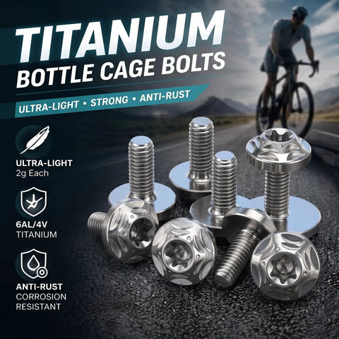 Dope Build Grade Five Titanium Bottle Cage Bolts M5 By 12 Millimeter T25 Torx Hella Lightweight Cycling Hardware Slick Bike 8 Pack Kit Built Tough Trail Ready, titanium screws on dark surface.