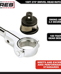 Close-up of 100 Tooth Swivel Head Ratchet Set for Heavy Duty Jobs with chrome vanadium steel and gear design details.