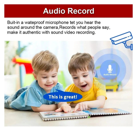 Two children interacting with a book, showcasing audio recording feature of Built Different 8Ch Poe Ip Security System With Built In Nvr And Sharp 8Mp Ultra Hd 4K Domes For Smooth Sailing Install And Crisp Viewing Round The Clock.