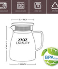 Diagram showing dimensions of One Touch Glass Teapot 27 Oz 800 Ml Glass Tea Kettle With Stainless Steel Filter Lid Stovetop Safe