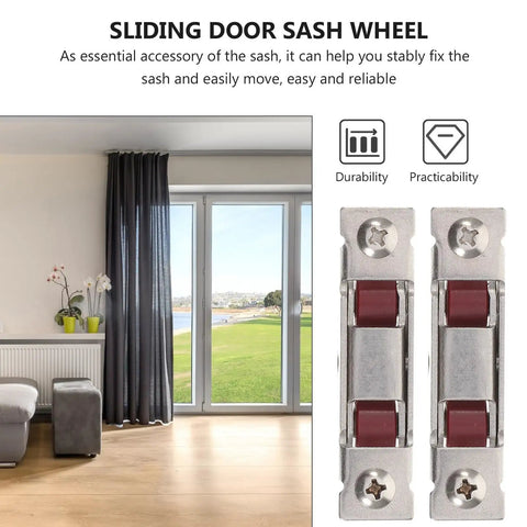 4 Pack Stainless Steel Sash Double Roller Wheels For Sliding Door Tracks Heavy Duty Window Pulleys on display with interior view.