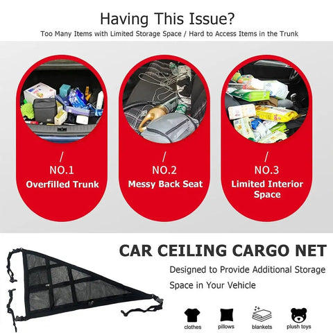 Heavy Duty Polyester Ceiling Cargo Net Rack For Dodge Ram 1500 2019 2020 2021 2022 2023 2024 2025 2026 shown with overfilled trunk and messy back seat.