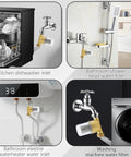 Top Notch 40 Micron Brass Inline Sediment Filter Keeps Your Water Flowing Smooth With Universal Fit For Washing Machine Shower And Garden Hose Featuring Reusable Anti Clogging Screen And Rust Resistant Body installed at various water inlets, showing adaptability.