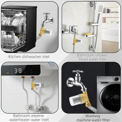 Top Notch 40 Micron Brass Inline Sediment Filter Keeps Your Water Flowing Smooth With Universal Fit For Washing Machine Shower And Garden Hose Featuring Reusable Anti Clogging Screen And Rust Resistant Body installed at various water inlets, showing adaptability.