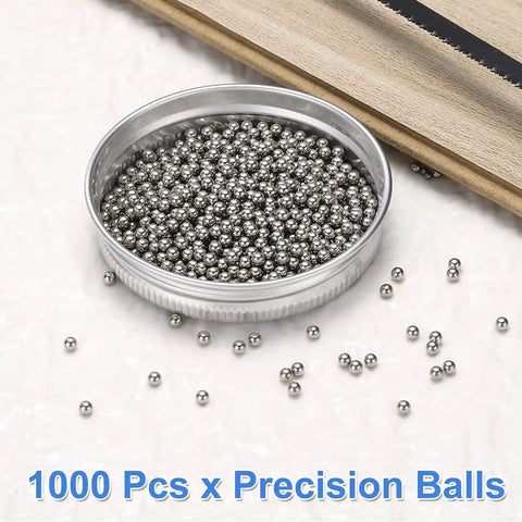 G100 Grade 2mm Stainless Steel Precision Balls 1000 Pack in a tin with loose precision balls surrounding it.