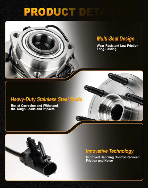 Heavy Duty Front Wheel Hub And Bearing Assembly Replacement For Chevrolet Silverado Tahoe Suburban And Gmc Sierra Yukon Six Lug With Abs Slick Setup showing multi-seal design and stainless steel studs.