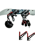 Heavy Duty Metal Snowboard Rack And Ski Wall Mount With Bottom Hooks To Stack Longboards And Skateboards Vertically Takes Zero Floor Space, displaying snowboard and gear.