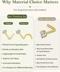 Fire Upgraded 18G Titanium Gold Nose Studs And Corkscrew Piercing Rings comparison chart highlighting material benefits.