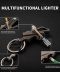 Infinity Strike Lighter With Multitool Keychain And Bottle Opener Plus Reusable Flint Fire Starter displayed on a black background