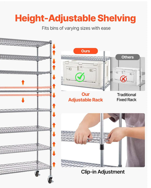 Eight Tier Rolling Storage Rack Featuring Twenty Six Modular Parts Bins Heavy Duty Steel Wire Shelving Cart with height-adjustable shelves.