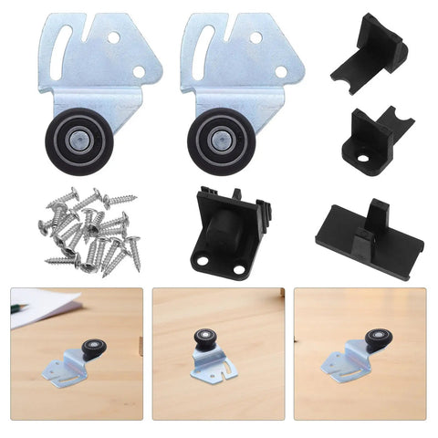 2 Sets Premium Nylon Closet Door Rollers Plus Extended Sliding Track Hardware Kit With Heavy Duty Pulleys For A Hella Smooth No Squeak Room Divider Fix includes rollers, screws, and track components.