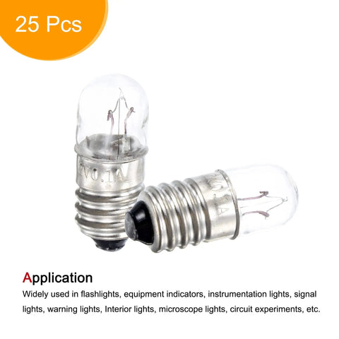 Top Shelf E10 Screw Base Miniature Bulbs delivering a crisp warm yellow glow, two bulbs shown with glass dome, pack of 25.