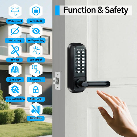 Heavy Duty Waterproof Mechanical Code Lock With Tough Keypad Deadbolt For Front Doors showcases touchpad and zinc alloy installation.