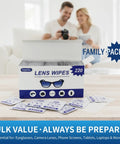 Front view of Icepac Lens Wipes 220-count box with white/blue packaging for glasses.