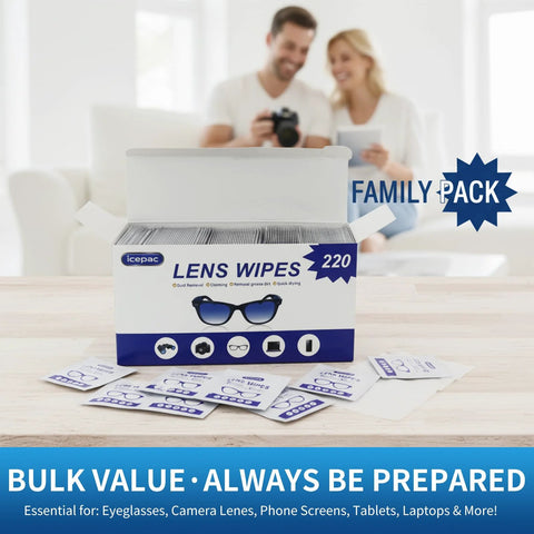 Front view of Icepac Lens Wipes 220-count box with white/blue packaging for glasses.