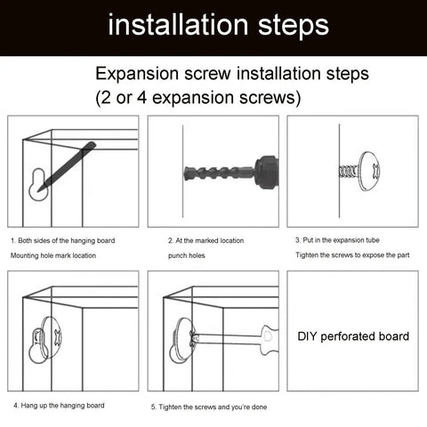 Heavy Duty Metal Pegboard Wall Organizer With Tools Hooks For Garage Shop Storage installation steps showing expansion screw process.