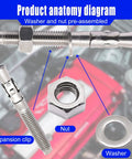 304 Stainless Steel Concrete Anchors Wedge Anchor Fasteners One Half Inch By Four Inch Pack Of 10 Heavy Duty Concrete Anchors with anatomy diagram, nut, and washer